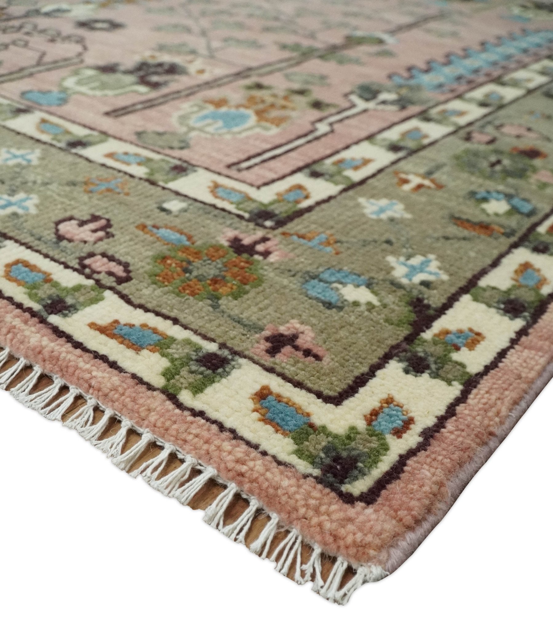 Ready to Ship Pink, Olive and Beige Traditional Vintage Style Tree Wool Rug - Marsh and Manor Collective