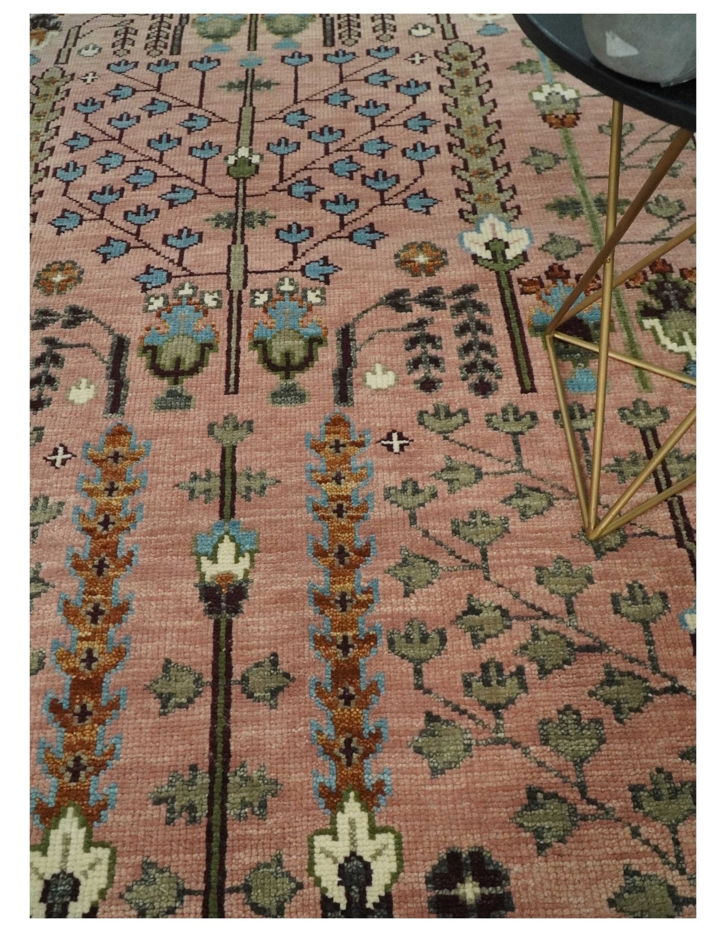 Ready to Ship Pink, Olive and Beige Traditional Vintage Style Tree Wool Rug - Marsh and Manor Collective
