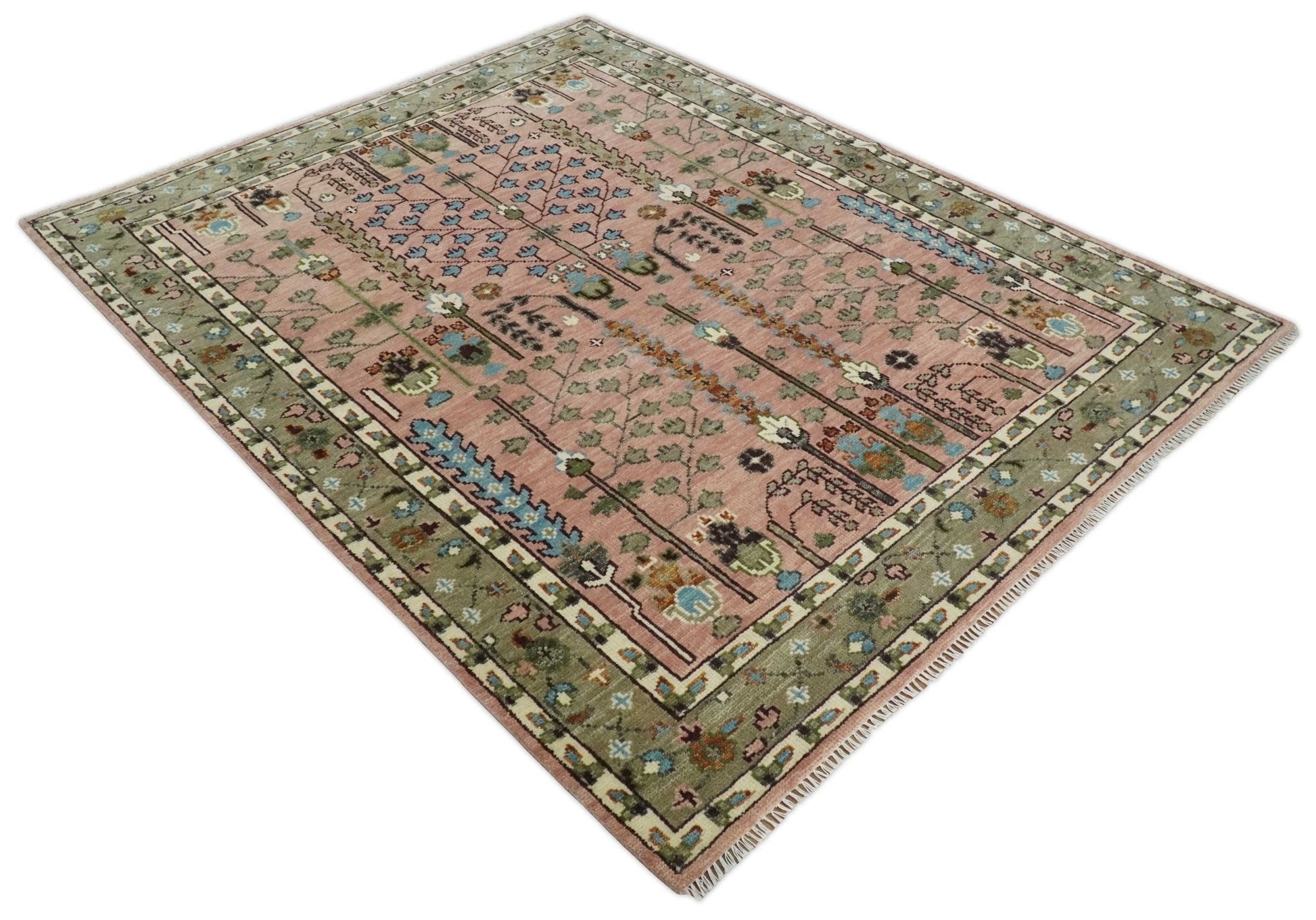 Ready to Ship Pink, Olive and Beige Traditional Vintage Style Tree Wool Rug - Marsh and Manor Collective