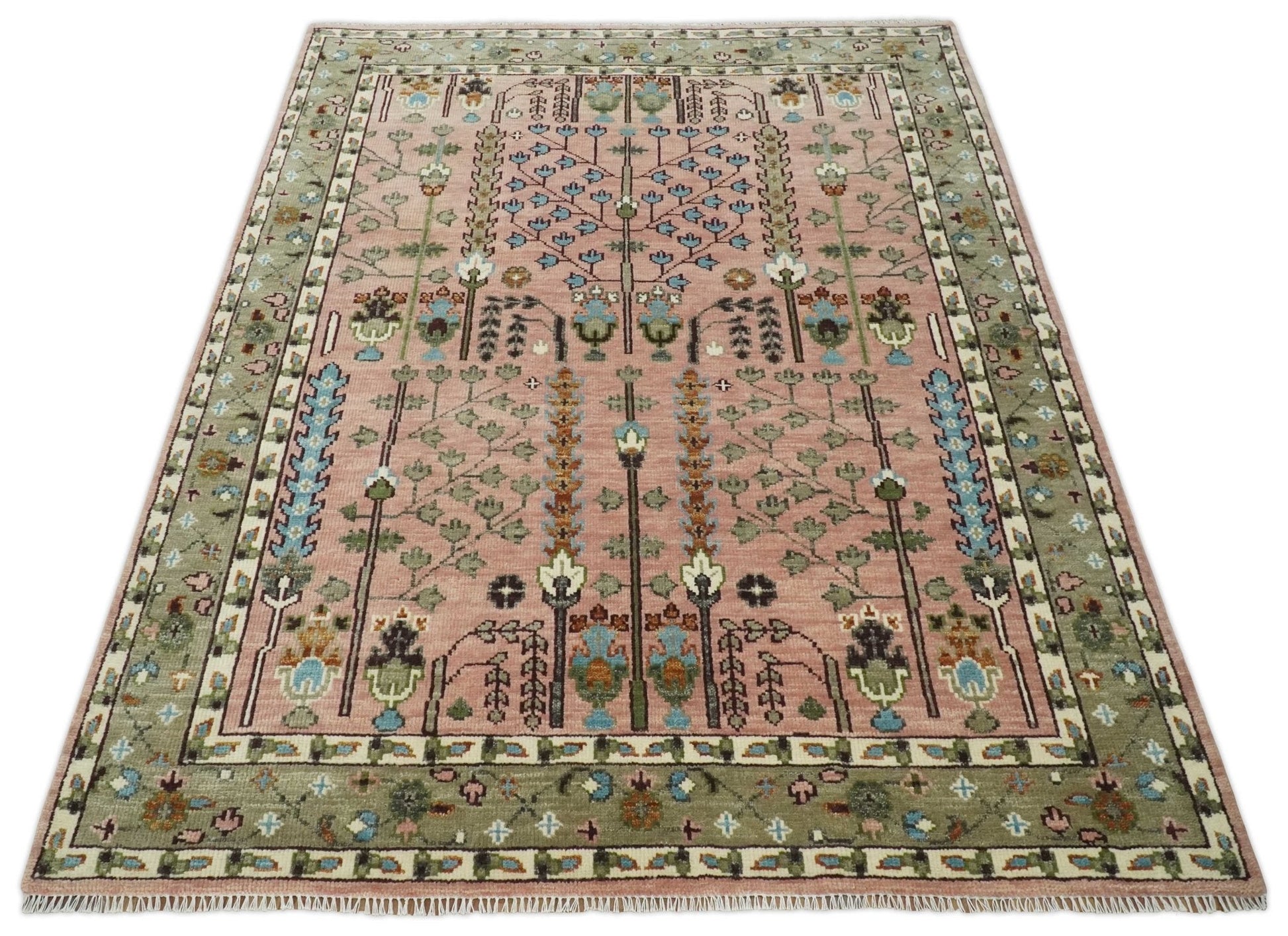 Ready to Ship Pink, Olive and Beige Traditional Vintage Style Tree Wool Rug - Marsh and Manor Collective