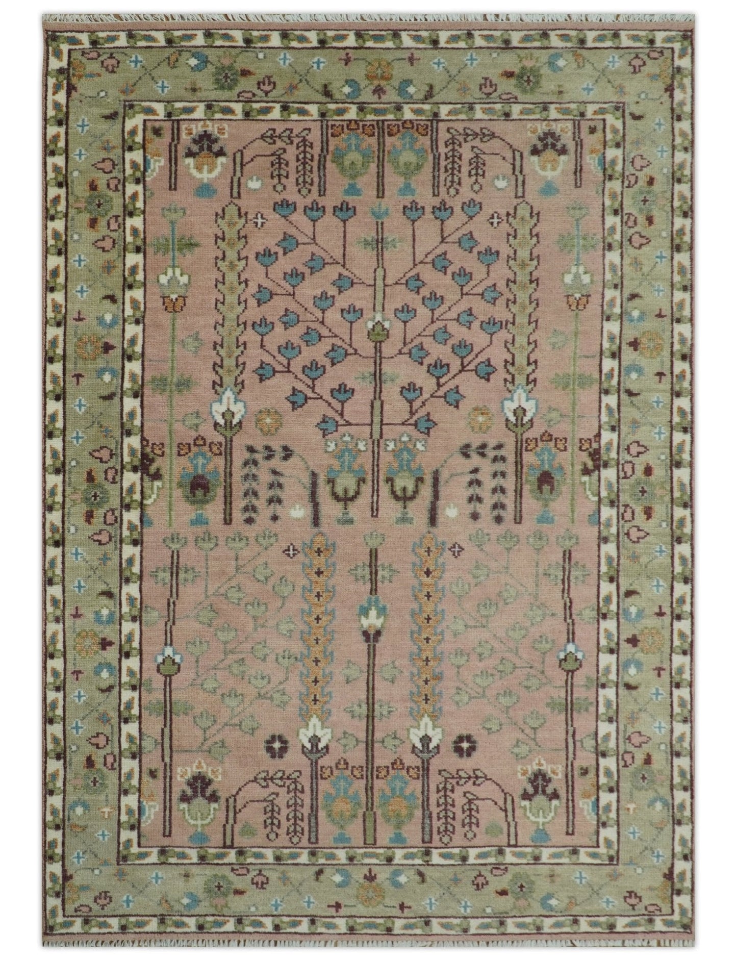 Ready to Ship Pink, Olive and Beige Traditional Vintage Style Tree Wool Rug - Marsh and Manor Collective