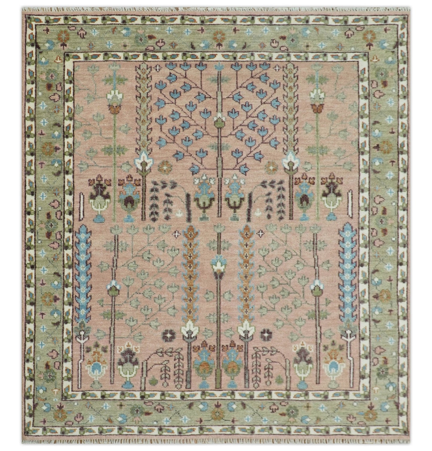 Ready to Ship Pink, Olive and Beige Traditional Vintage Style Tree Wool Rug - Marsh and Manor Collective