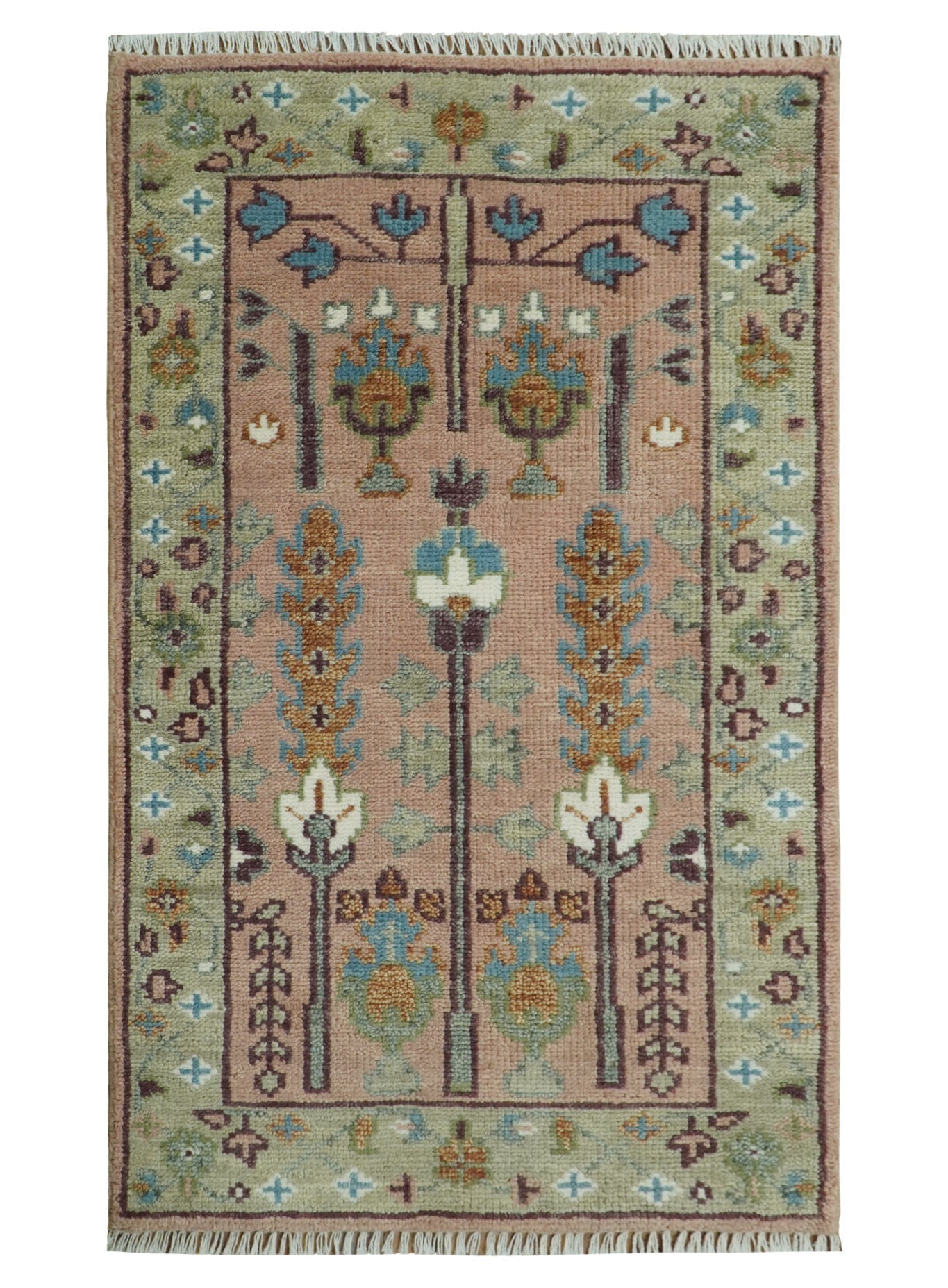 Ready to Ship Pink, Olive and Beige Traditional Vintage Style Tree Wool Rug - Marsh and Manor Collective