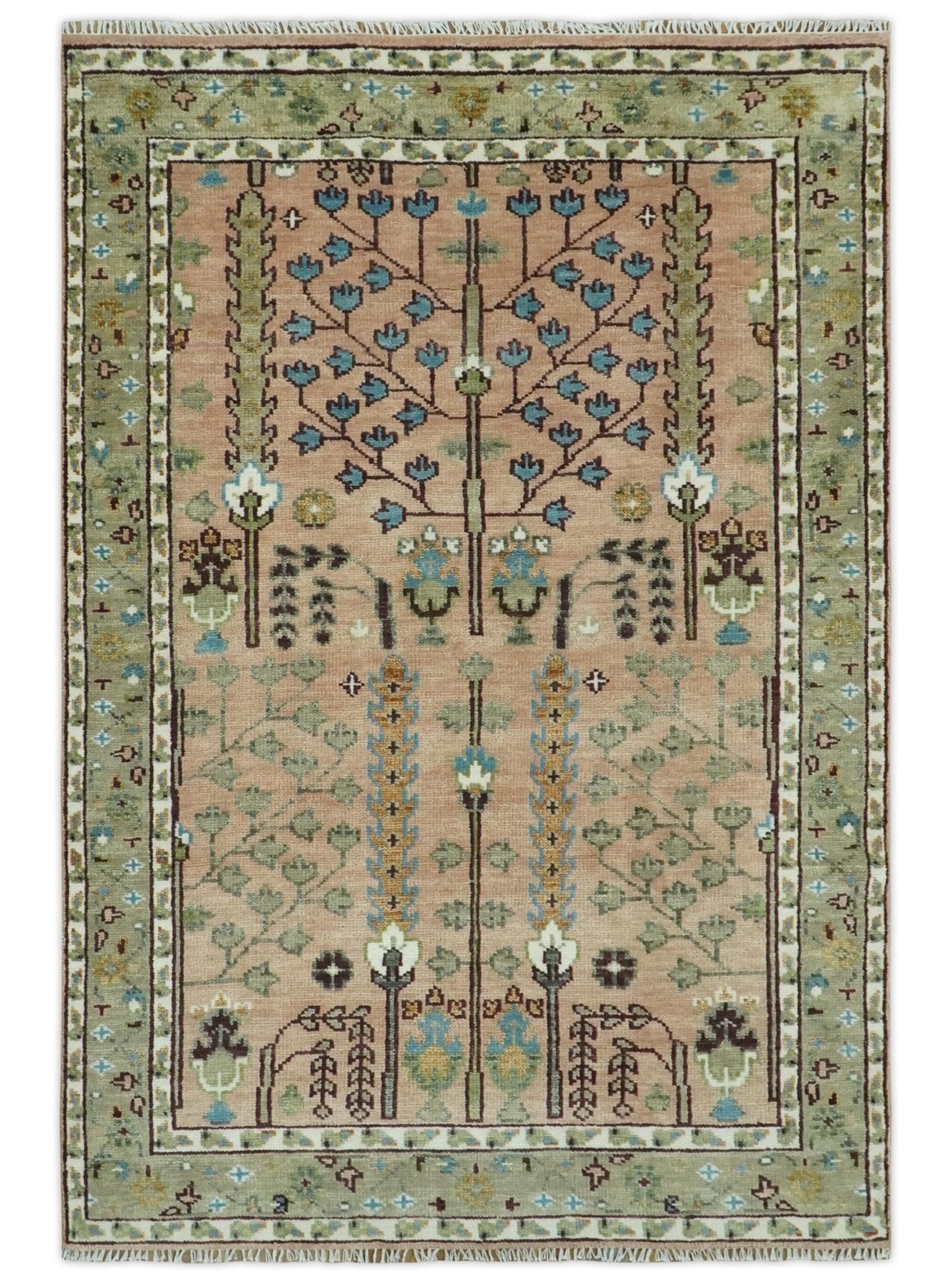 Ready to Ship Pink, Olive and Beige Traditional Vintage Style Tree Wool Rug - Marsh and Manor Collective