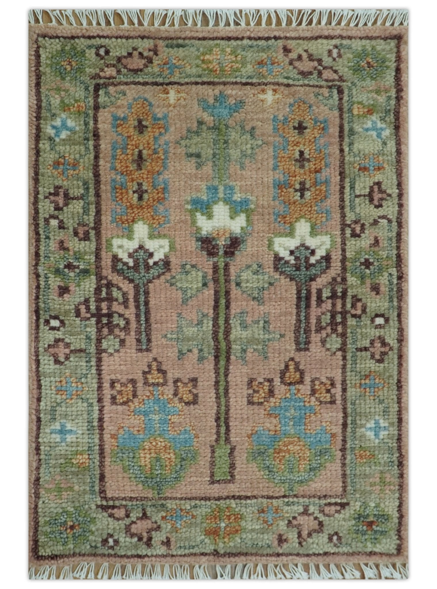 Ready to Ship Pink, Olive and Beige Traditional Vintage Style Tree Wool Rug - Marsh and Manor Collective