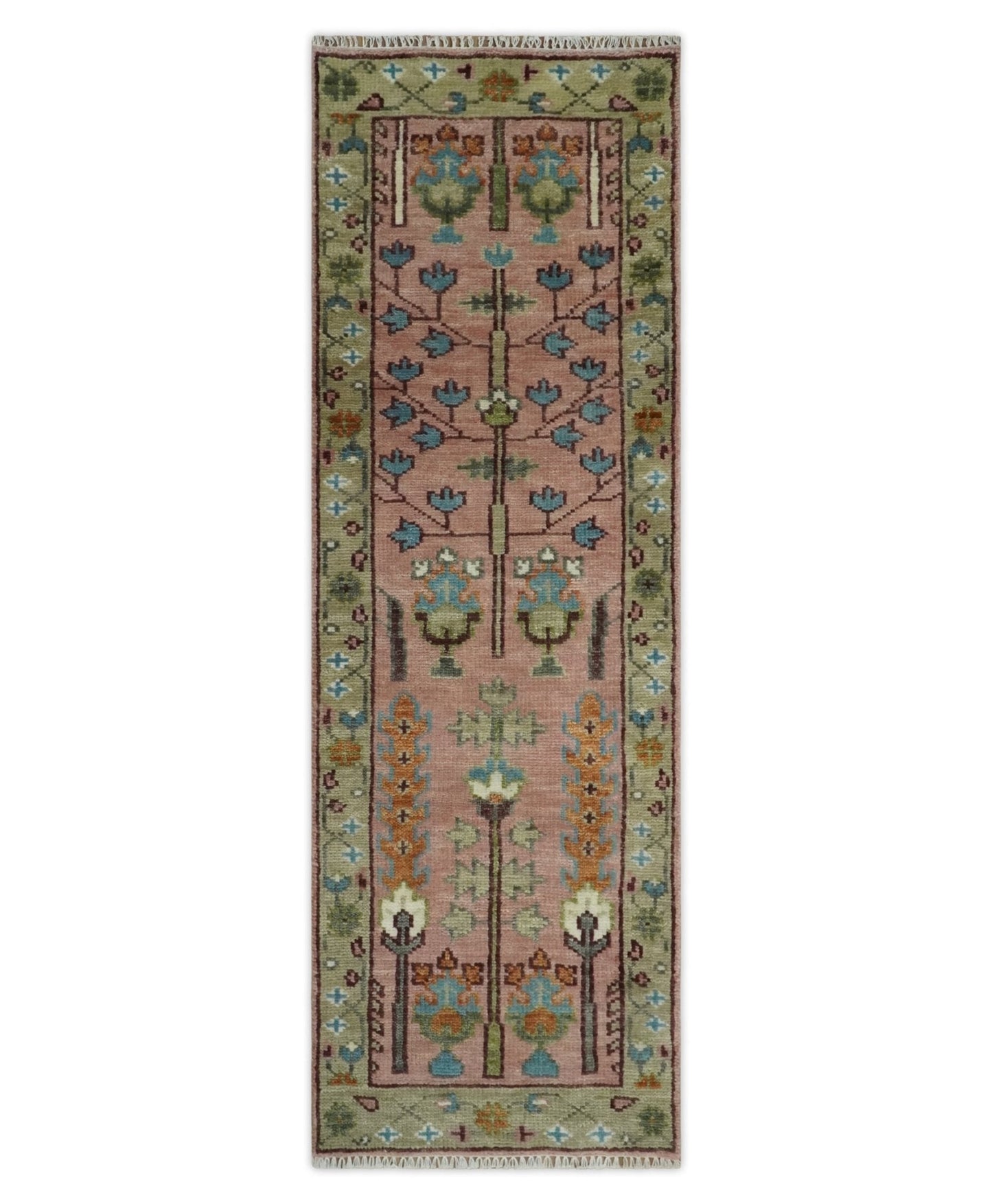 Ready to Ship Pink, Olive and Beige Traditional Vintage Style Tree Wool Rug - Marsh and Manor Collective