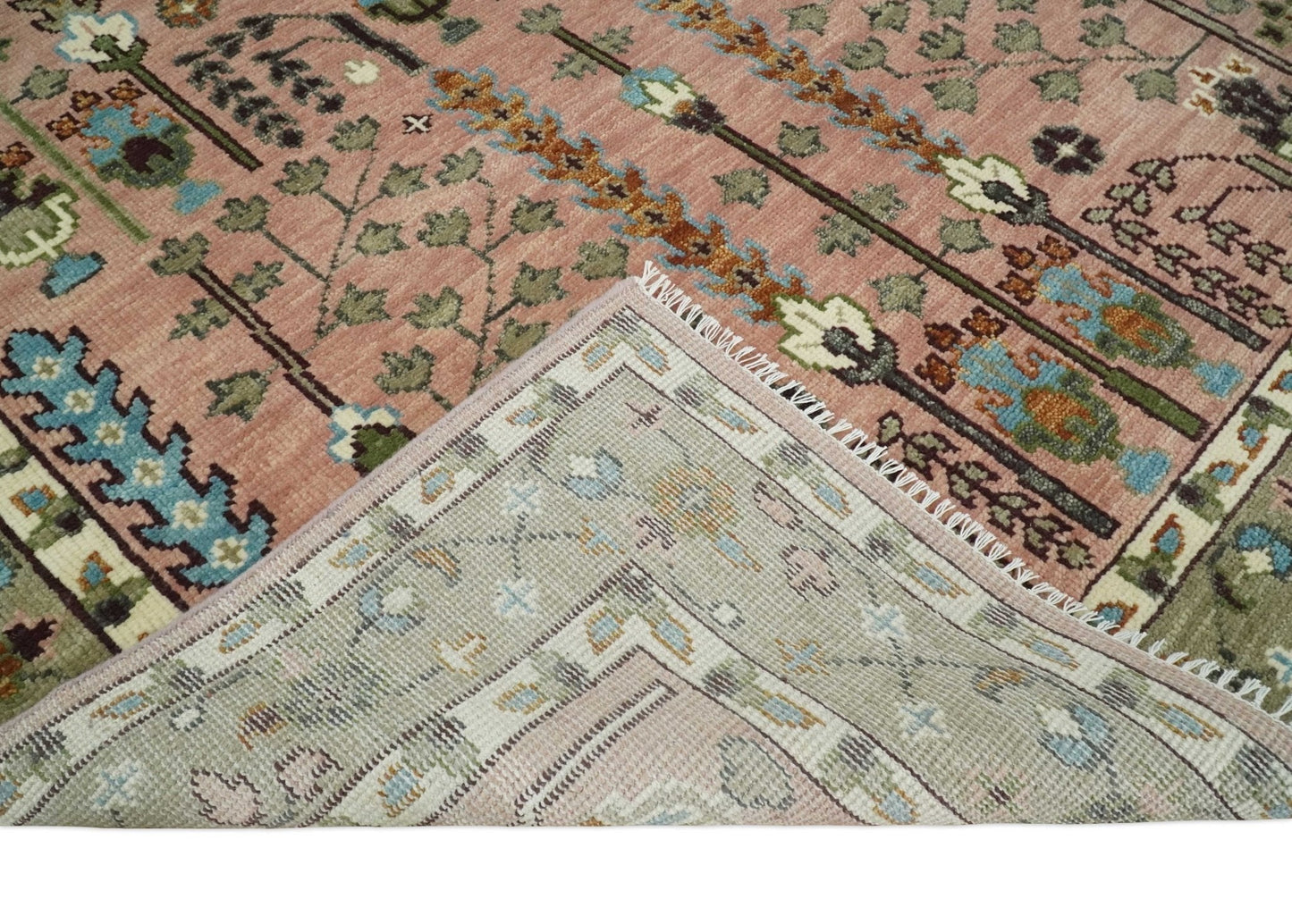 Ready to Ship Pink, Olive and Beige Traditional Vintage Style Tree Wool Rug - Marsh and Manor Collective