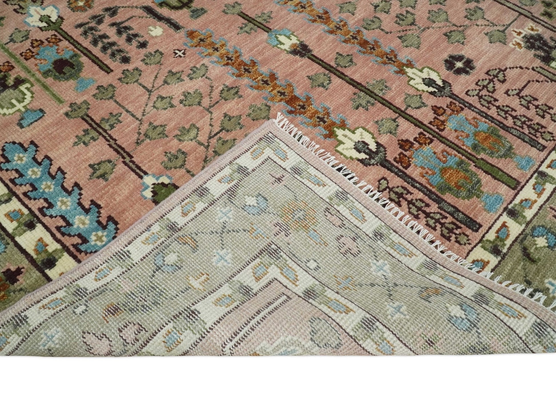 Ready to Ship Pink, Olive and Beige Traditional Vintage Style Tree Wool Rug - Marsh and Manor Collective