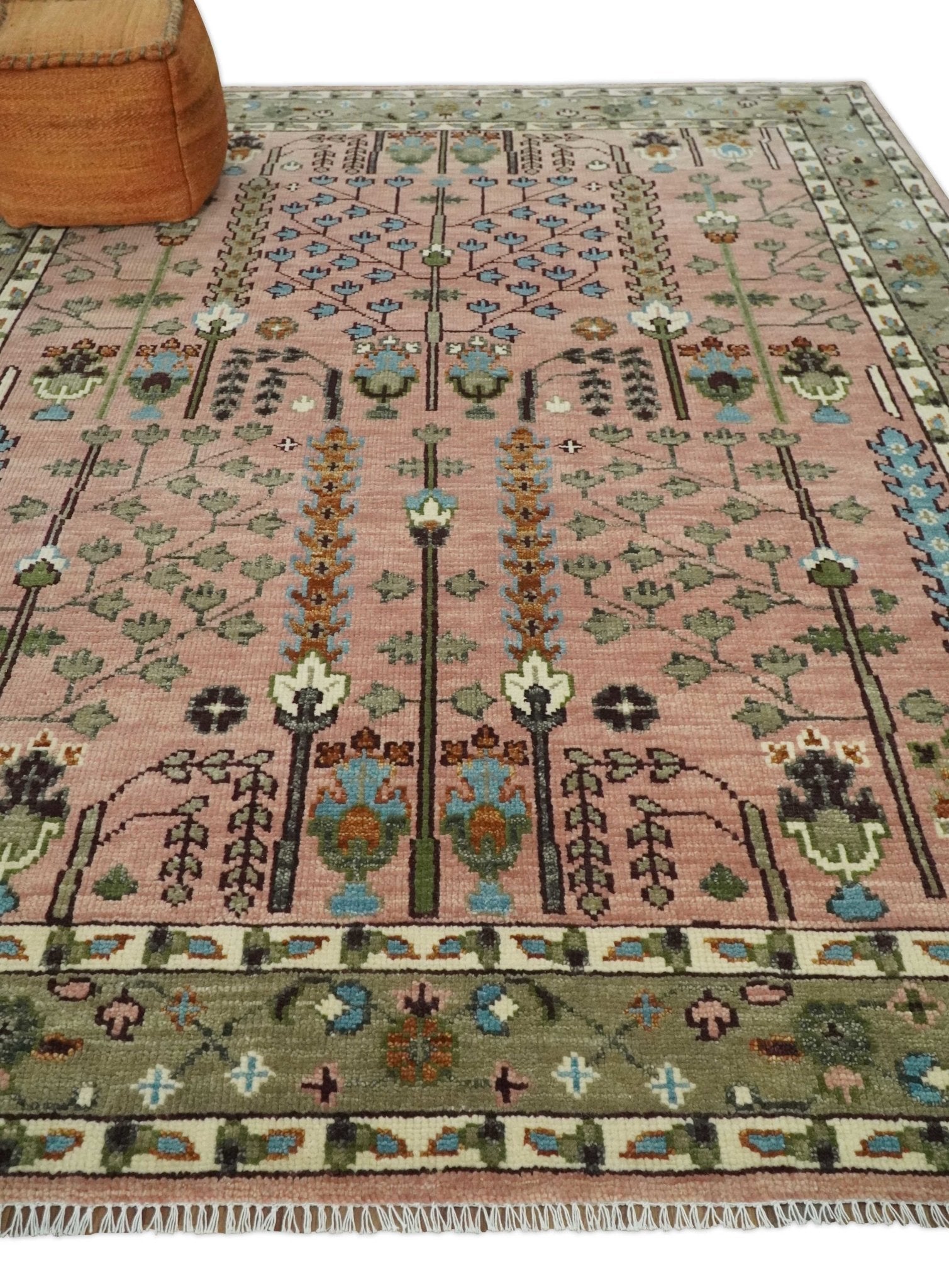 Ready to Ship Pink, Olive and Beige Traditional Vintage Style Tree Wool Rug - Marsh and Manor Collective