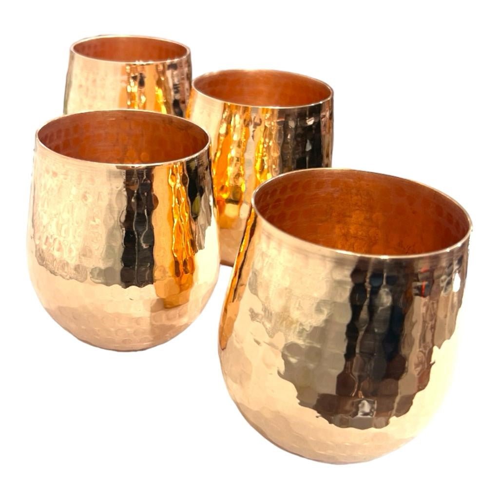 Set of One Copper Pitcher with Top and Four Tumblers, Hammered and Shiny Finish - Marsh and Manor Collective