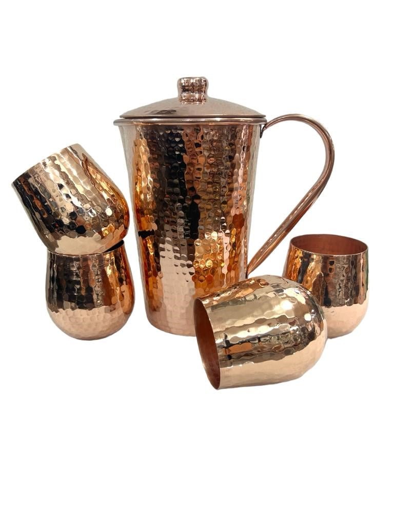 Set of One Copper Pitcher with Top and Four Tumblers, Hammered and Shiny Finish - Marsh and Manor Collective