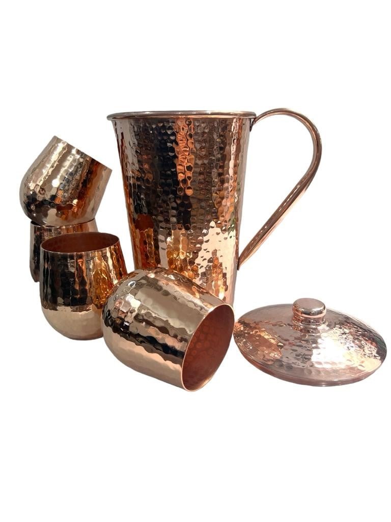 Set of One Copper Pitcher with Top and Four Tumblers, Hammered and Shiny Finish - Marsh and Manor Collective