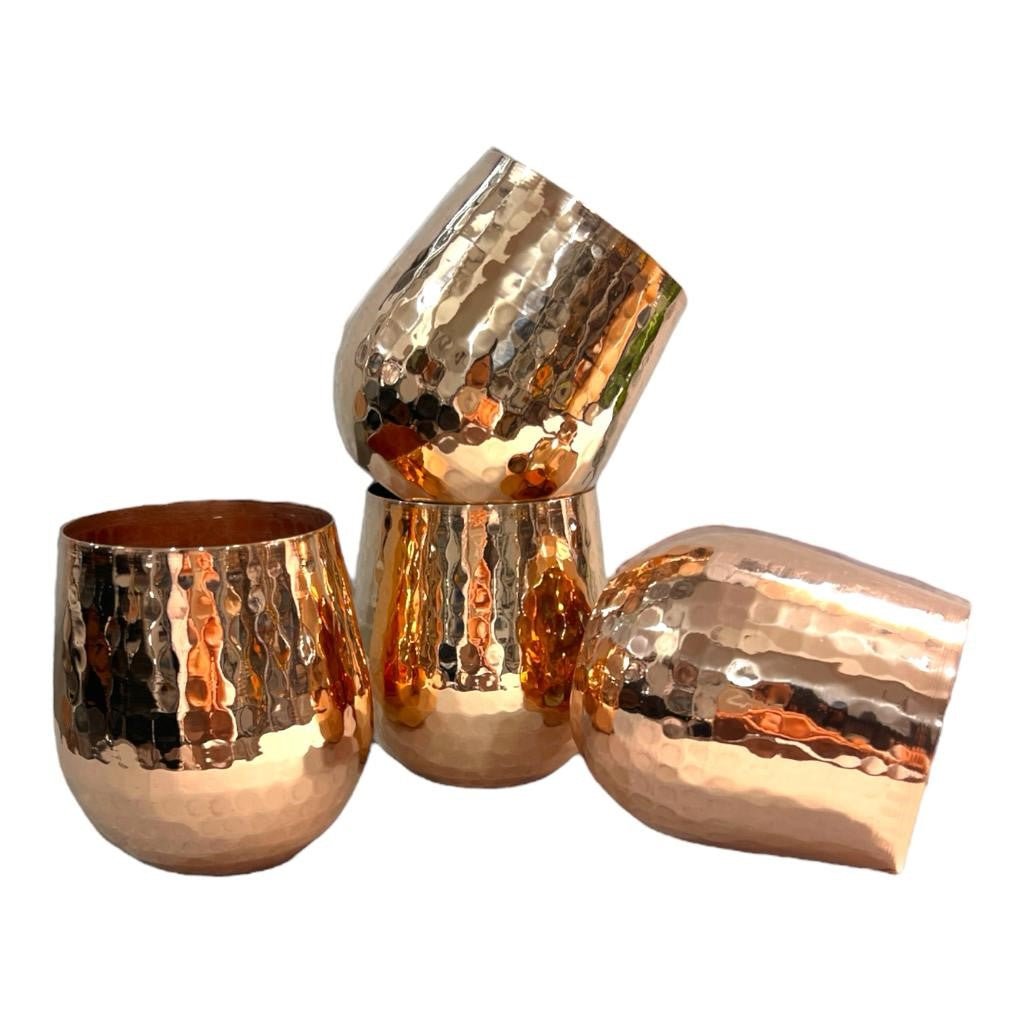Set of One Copper Pitcher with Top and Four Tumblers, Hammered and Shiny Finish - Marsh and Manor Collective