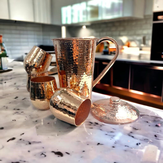 Set of One Copper Pitcher with Top and Four Tumblers, Hammered and Shiny Finish - Marsh and Manor Collective