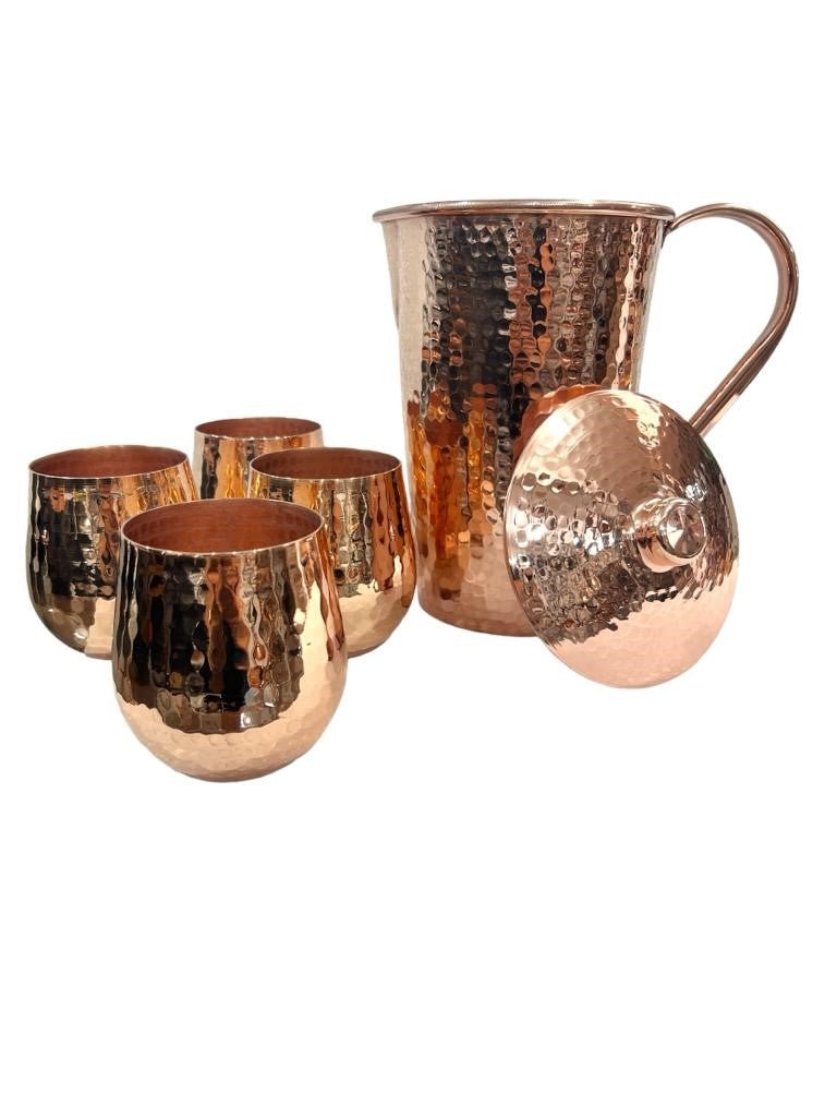 Set of One Copper Pitcher with Top and Four Tumblers, Hammered and Shiny Finish - Marsh and Manor Collective