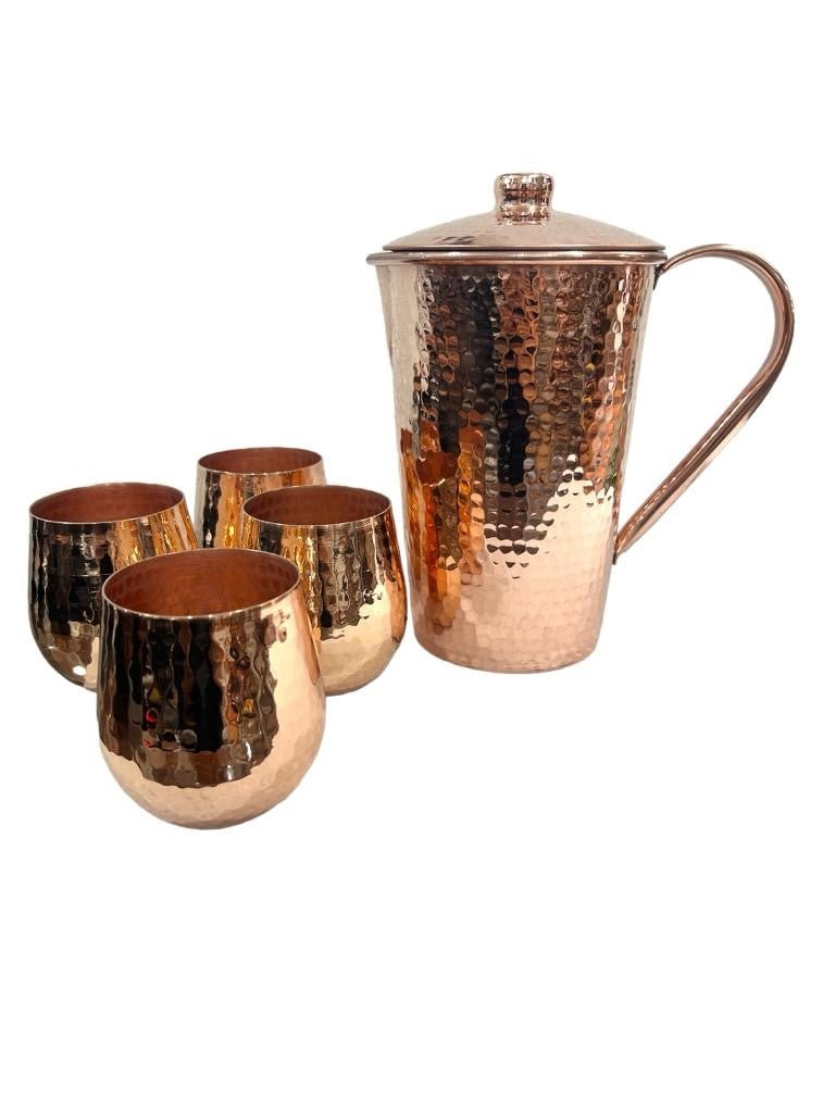 Set of One Copper Pitcher with Top and Four Tumblers, Hammered and Shiny Finish - Marsh and Manor Collective
