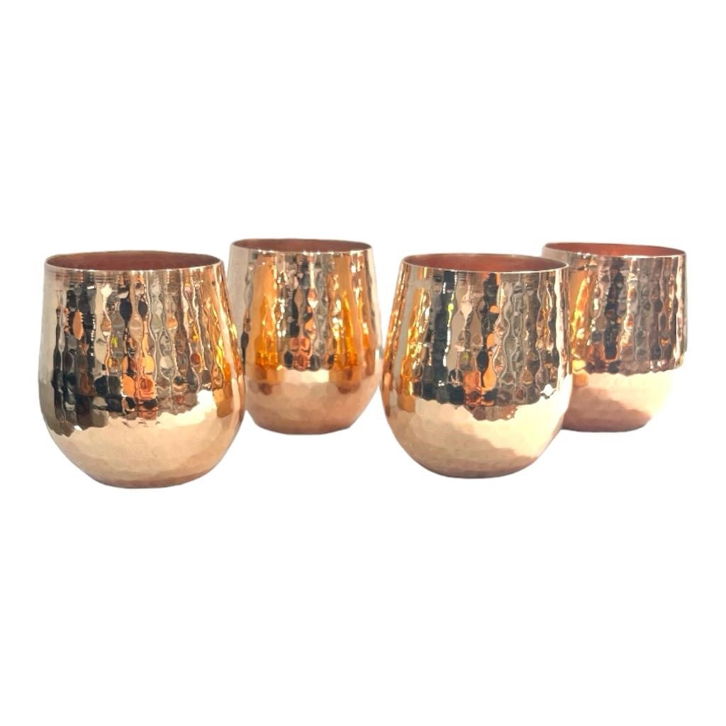Set of One Copper Pitcher with Top and Four Tumblers, Hammered and Shiny Finish - Marsh and Manor Collective