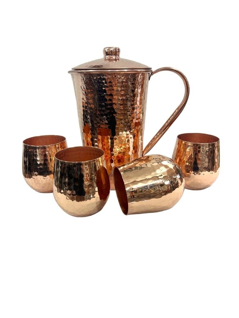 Set of One Copper Pitcher with Top and Four Tumblers, Hammered and Shiny Finish - Marsh and Manor Collective