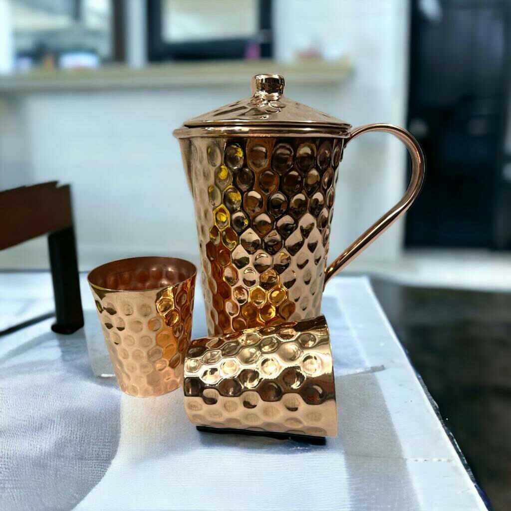 Set of One Copper Pitcher with Top and Two Tumblers, Deep Hammering and Shiny Finish - Marsh and Manor Collective