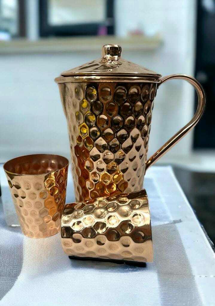 Set of One Copper Pitcher with Top and Two Tumblers, Deep Hammering and Shiny Finish - Marsh and Manor Collective