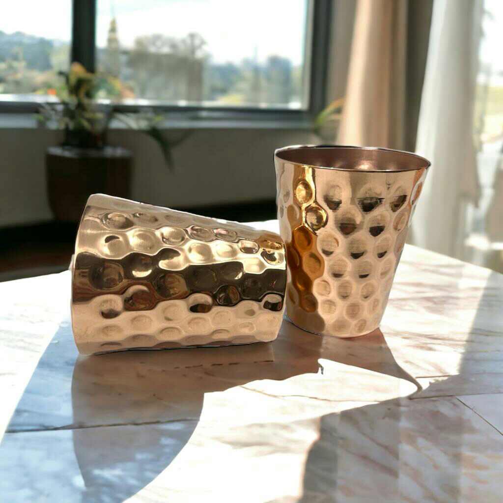 Set of One Copper Pitcher with Top and Two Tumblers, Deep Hammering and Shiny Finish - Marsh and Manor Collective