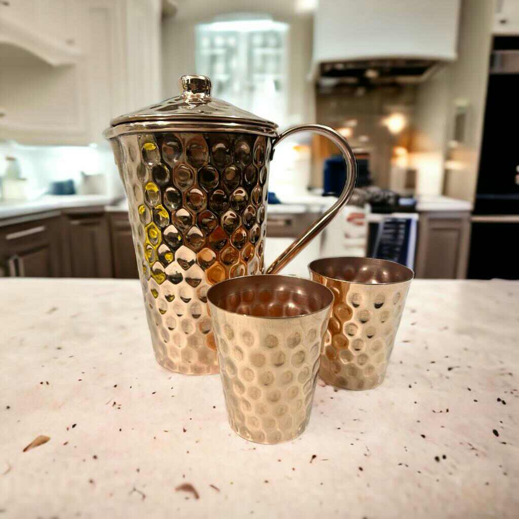 Set of One Copper Pitcher with Top and Two Tumblers, Deep Hammering and Shiny Finish - Marsh and Manor Collective