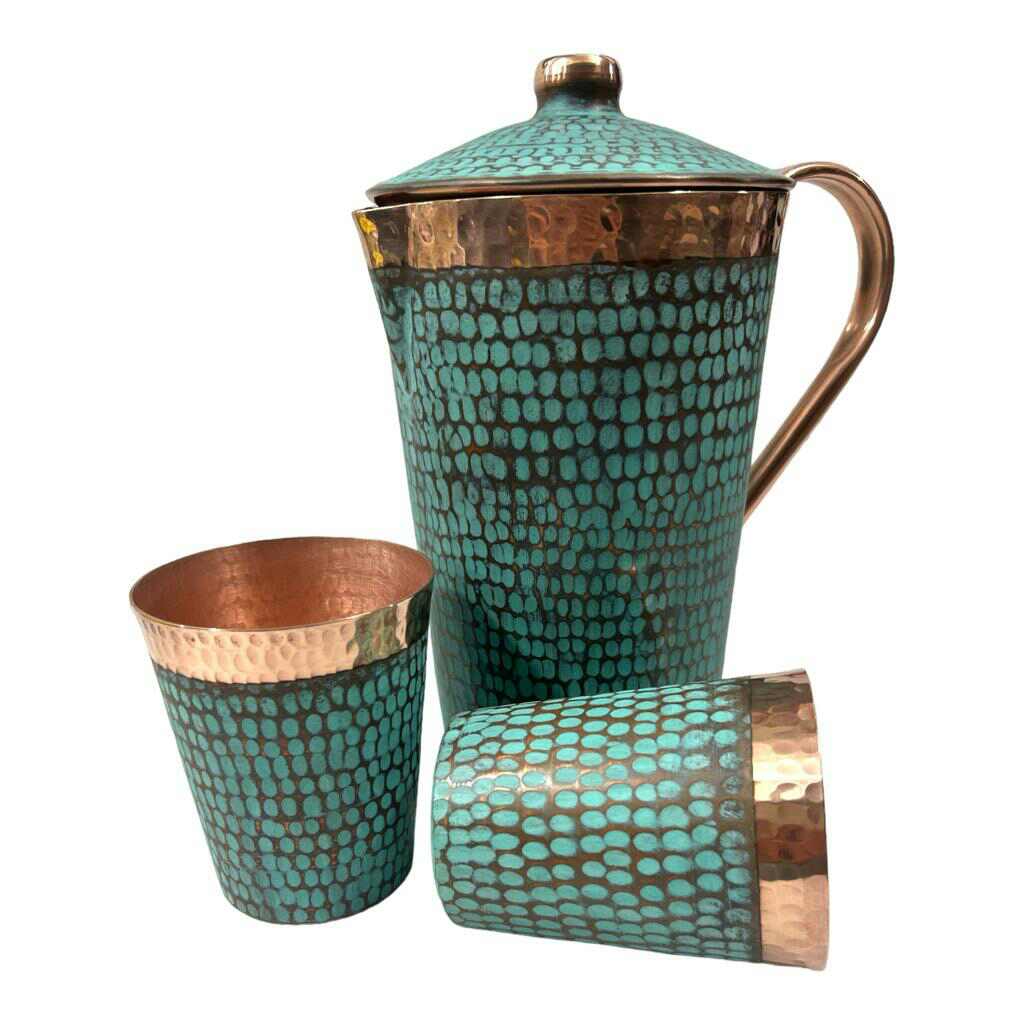 Set of One Copper Pitcher with Top and Two Tumblers, Hammered and Turquoise Patina - Marsh and Manor Collective