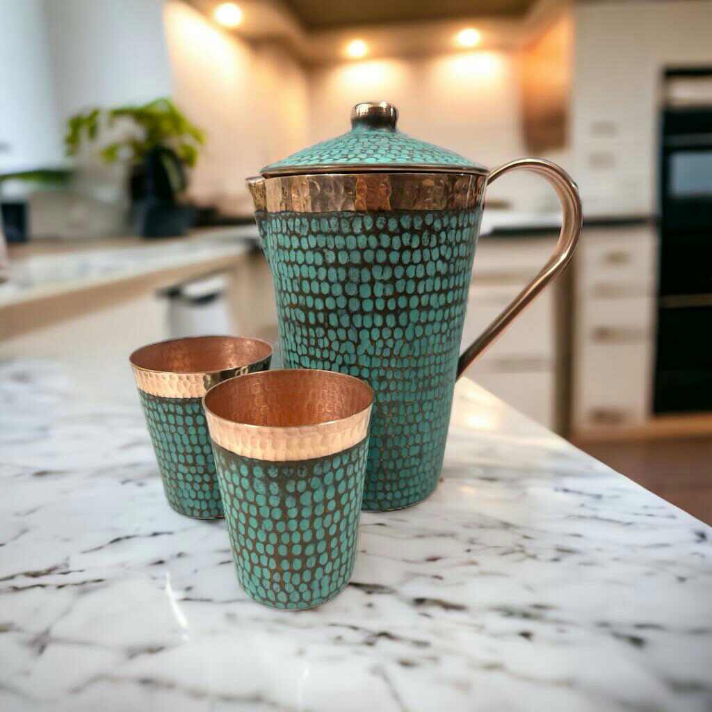 Set of One Copper Pitcher with Top and Two Tumblers, Hammered and Turquoise Patina - Marsh and Manor Collective