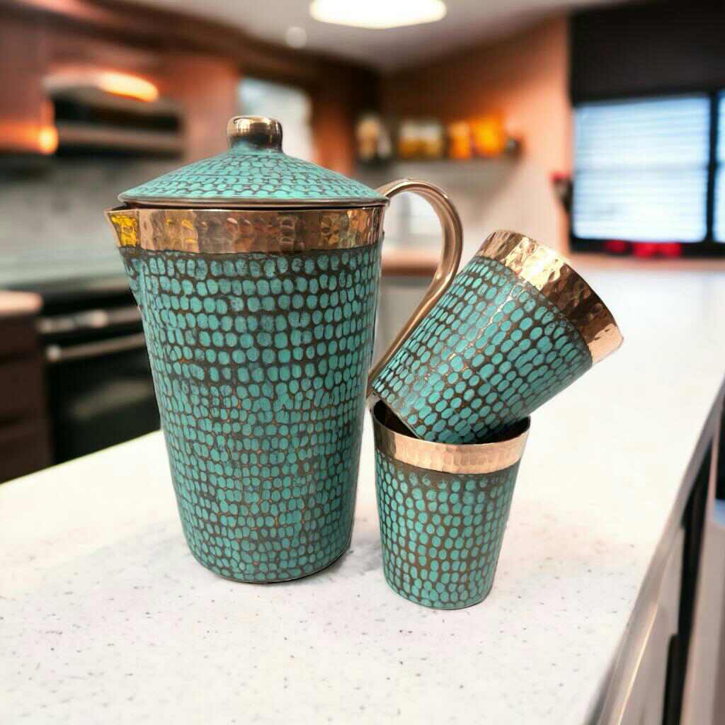 Set of One Copper Pitcher with Top and Two Tumblers, Hammered and Turquoise Patina - Marsh and Manor Collective