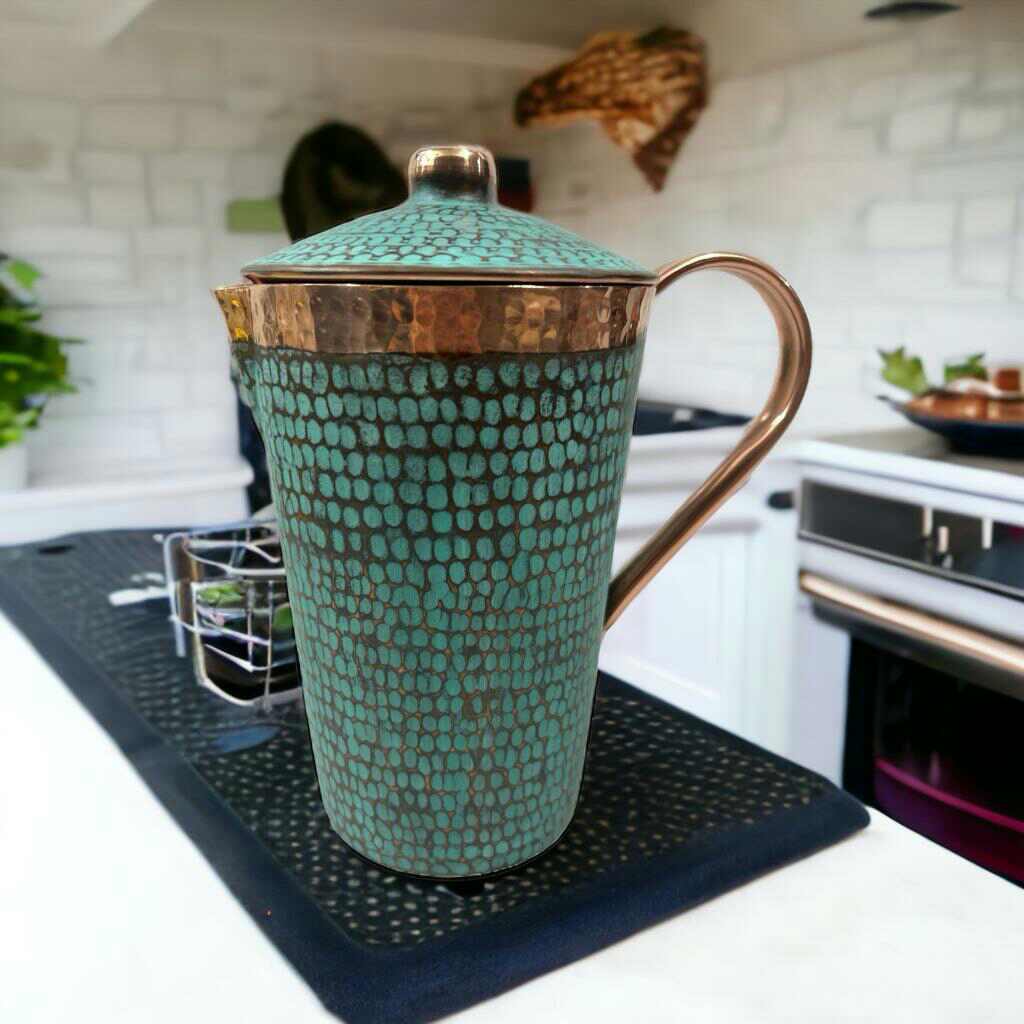 Set of One Copper Pitcher with Top and Two Tumblers, Hammered and Turquoise Patina - Marsh and Manor Collective