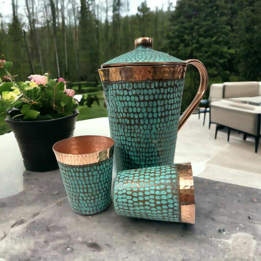 Set of One Copper Pitcher with Top and Two Tumblers, Hammered and Turquoise Patina - Marsh and Manor Collective