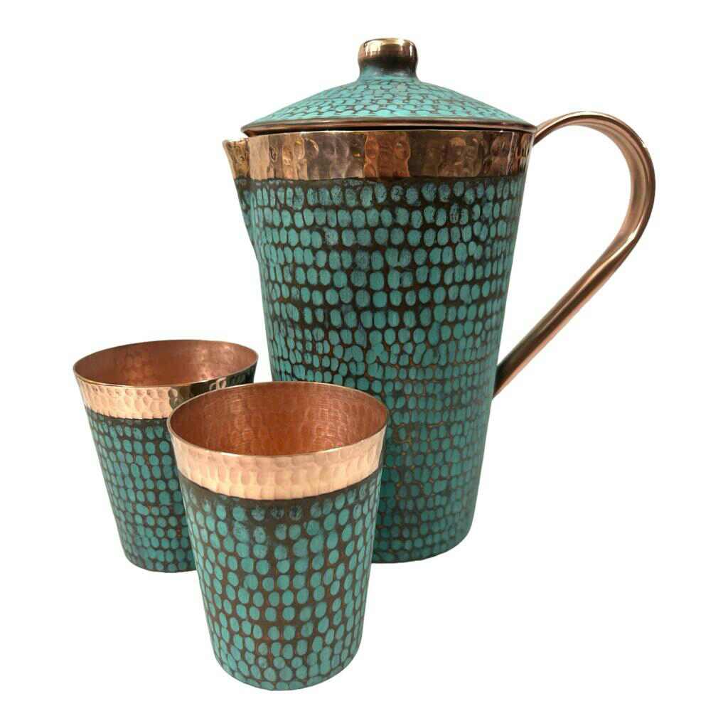 Set of One Copper Pitcher with Top and Two Tumblers, Hammered and Turquoise Patina - Marsh and Manor Collective