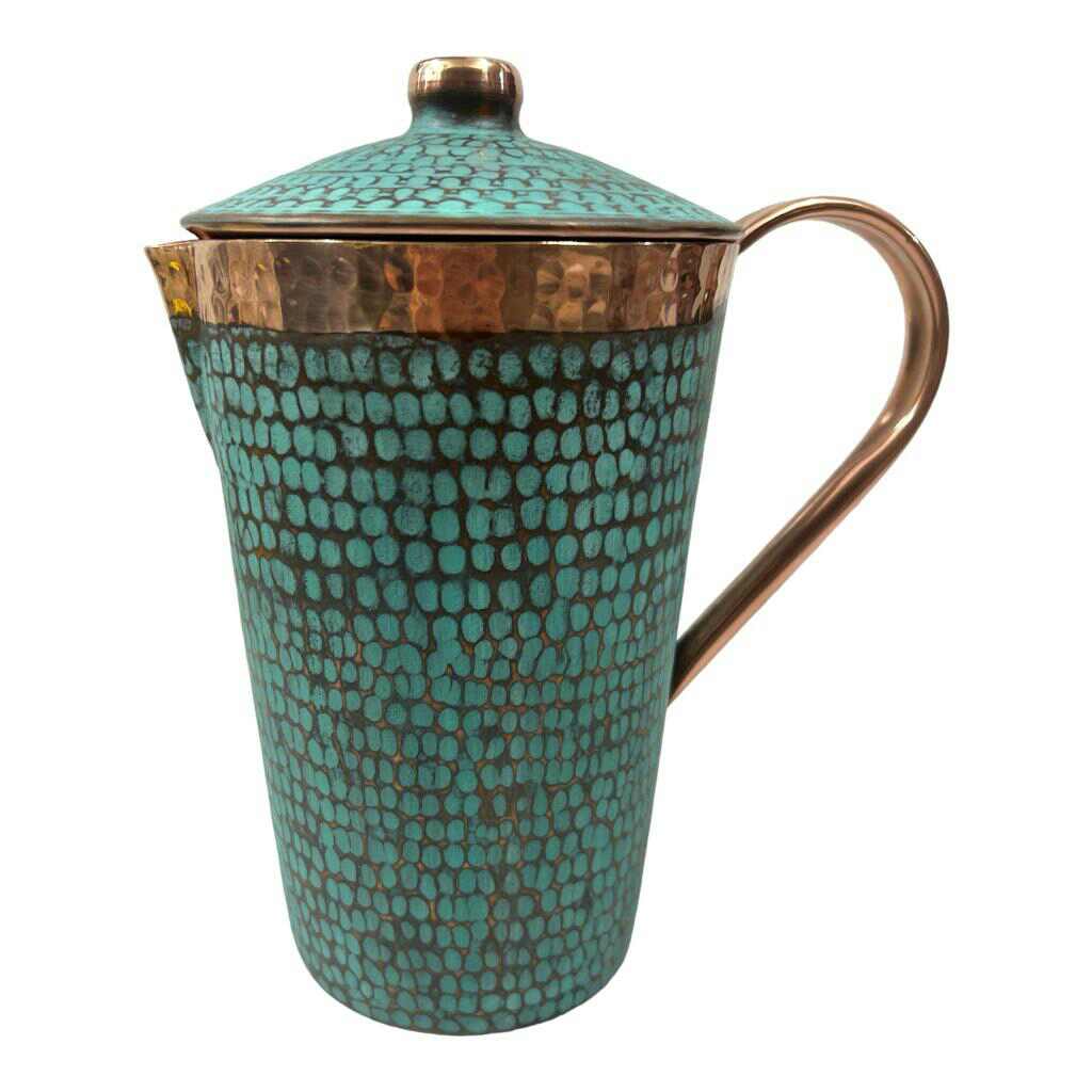 Set of One Copper Pitcher with Top and Two Tumblers, Hammered and Turquoise Patina - Marsh and Manor Collective