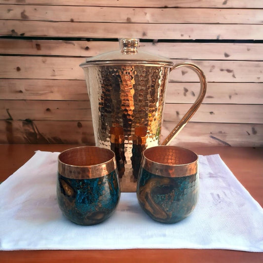 Set of One Shiny Hammered Copper Pitcher with Top and Two Blue Marbled Tumblers - Marsh and Manor Collective