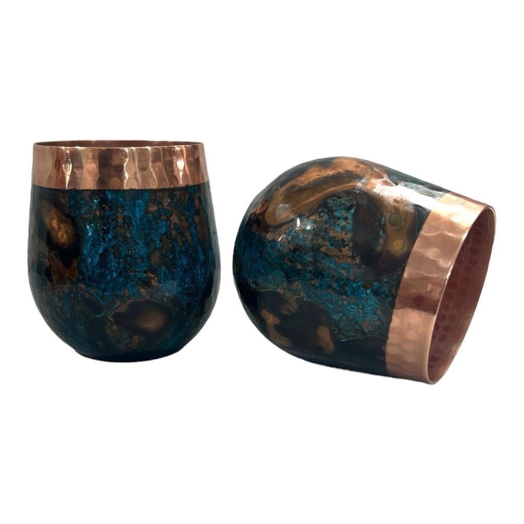 Set of One Shiny Hammered Copper Pitcher with Top and Two Blue Marbled Tumblers - Marsh and Manor Collective