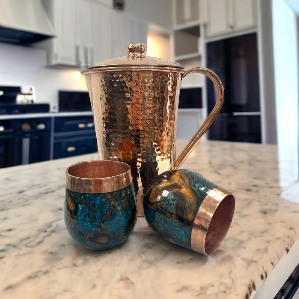 Set of One Shiny Hammered Copper Pitcher with Top and Two Blue Marbled Tumblers - Marsh and Manor Collective