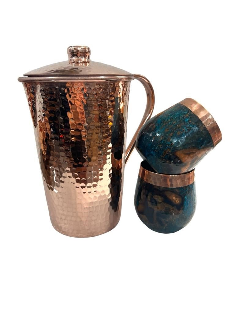 Set of One Shiny Hammered Copper Pitcher with Top and Two Blue Marbled Tumblers - Marsh and Manor Collective