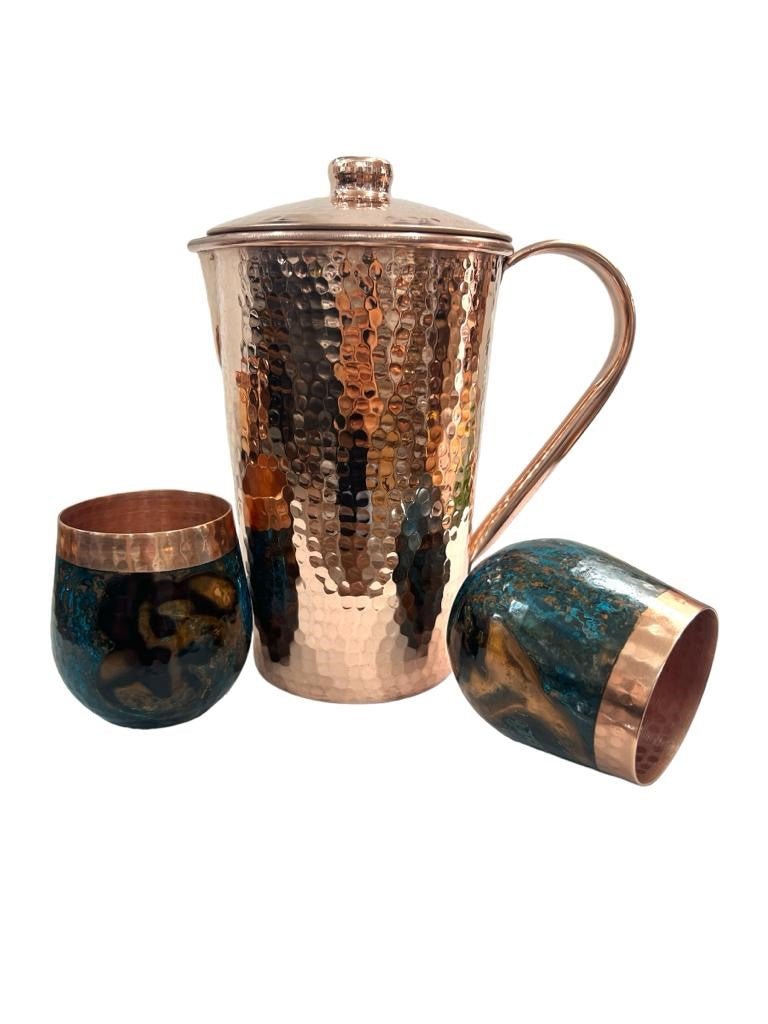 Set of One Shiny Hammered Copper Pitcher with Top and Two Blue Marbled Tumblers - Marsh and Manor Collective