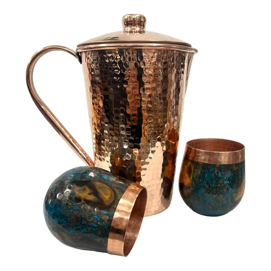 Set of One Shiny Hammered Copper Pitcher with Top and Two Blue Marbled Tumblers - Marsh and Manor Collective
