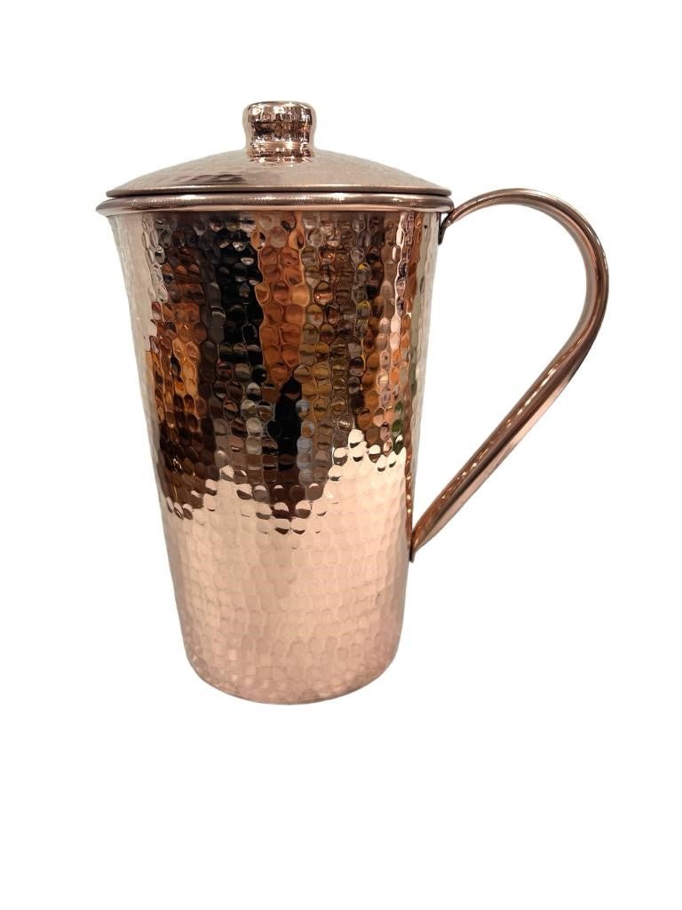Set of One Shiny Hammered Copper Pitcher with Top and Two Blue Marbled Tumblers - Marsh and Manor Collective