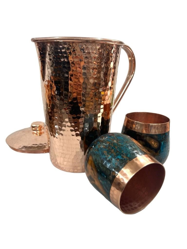 Set of One Shiny Hammered Copper Pitcher with Top and Two Blue Marbled Tumblers - Marsh and Manor Collective