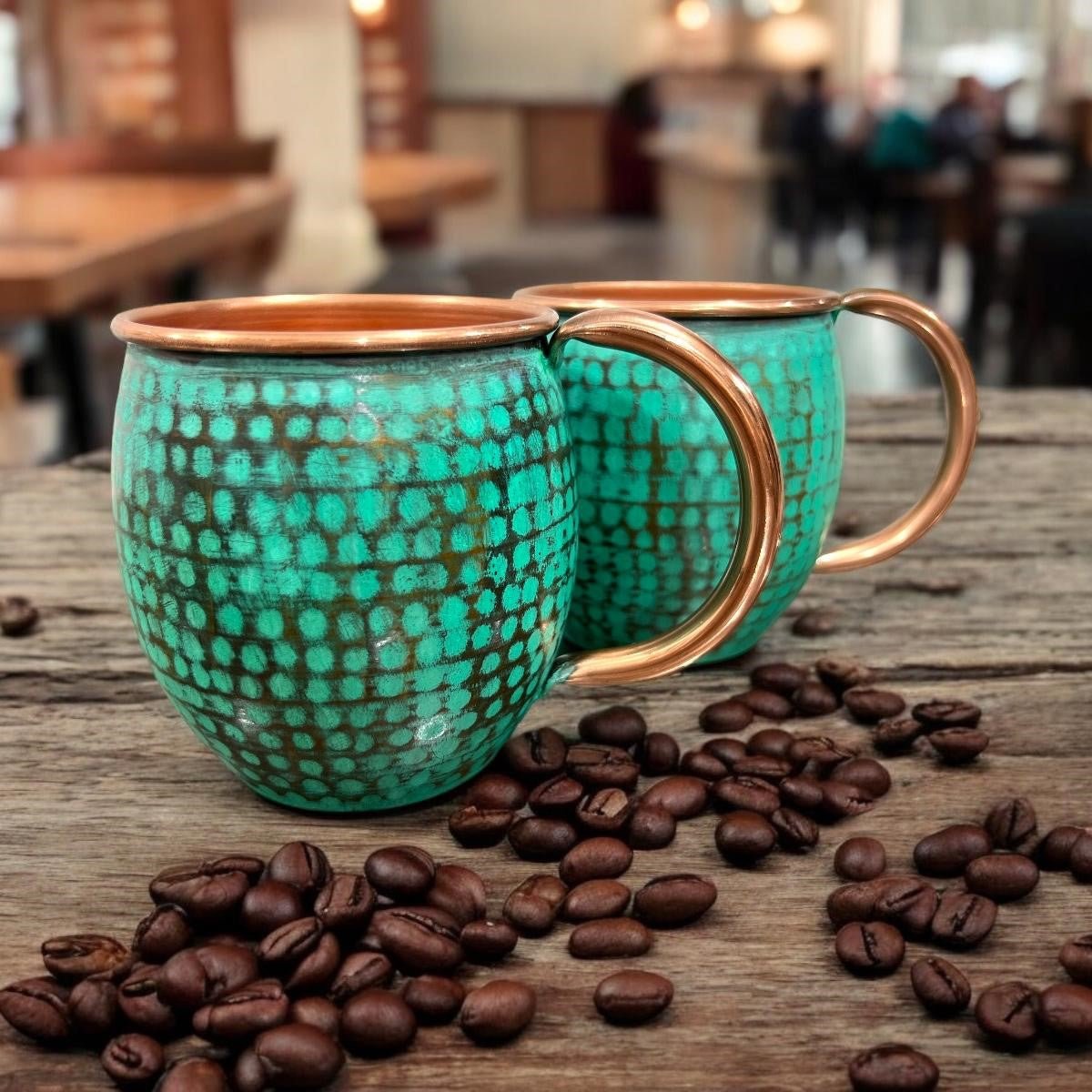 Set of Two Copper Barrel Mugs, Hammered and Mint Patina - Marsh and Manor Collective