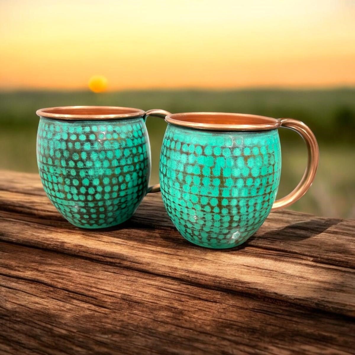 Set of Two Copper Barrel Mugs, Hammered and Mint Patina - Marsh and Manor Collective