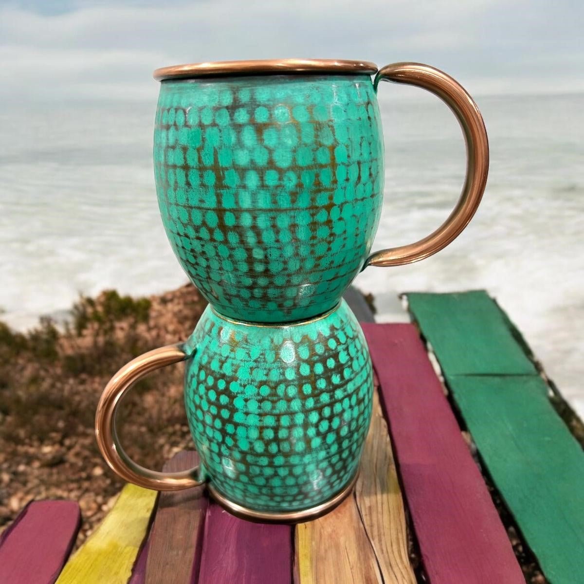 Set of Two Copper Barrel Mugs, Hammered and Mint Patina - Marsh and Manor Collective