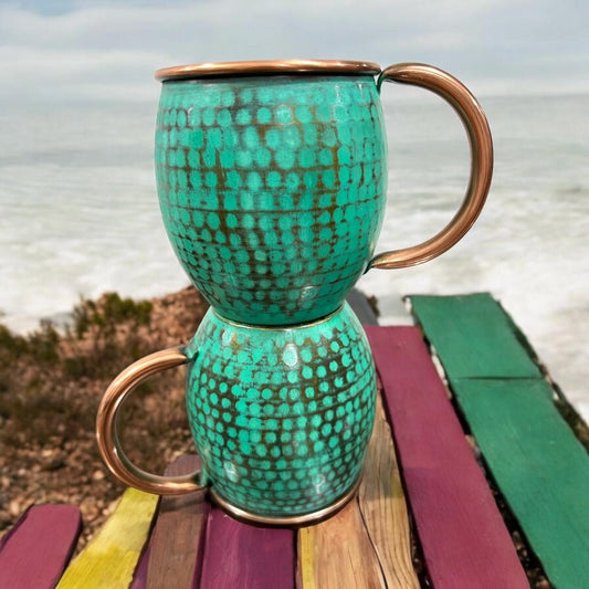 Set of Two Copper Barrel Mugs, Hammered and Mint Patina - Marsh and Manor Collective