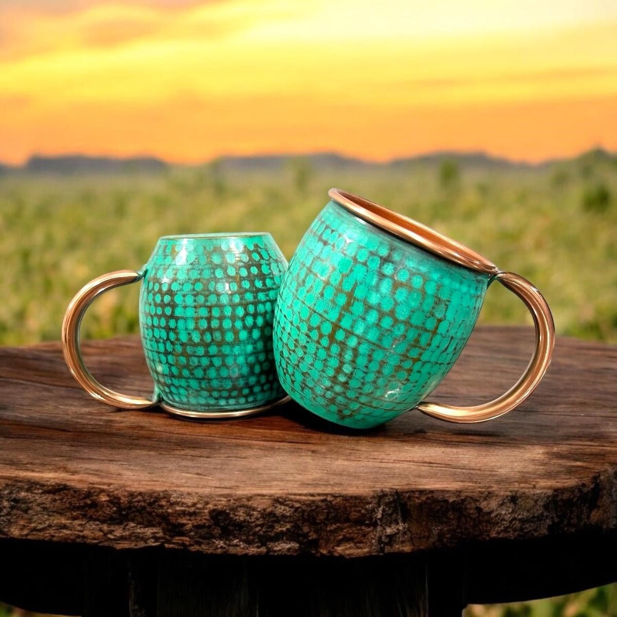 Set of Two Copper Barrel Mugs, Hammered and Mint Patina - Marsh and Manor Collective