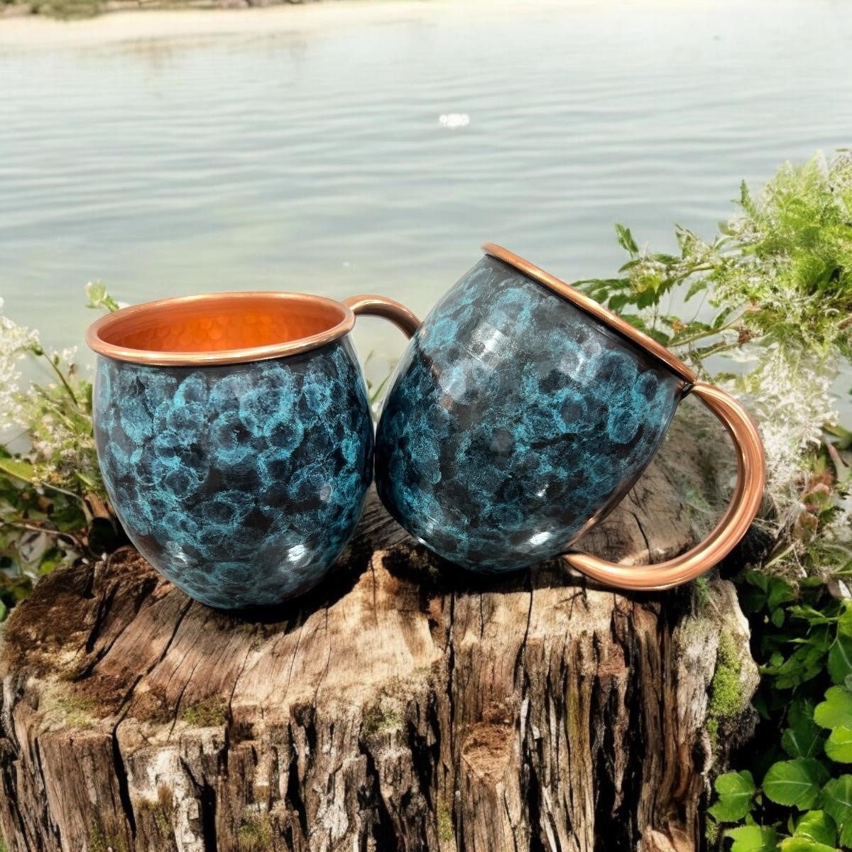Set of Two Copper Barrel Mugs, Hammered and Stained Blue Patina - Marsh and Manor Collective
