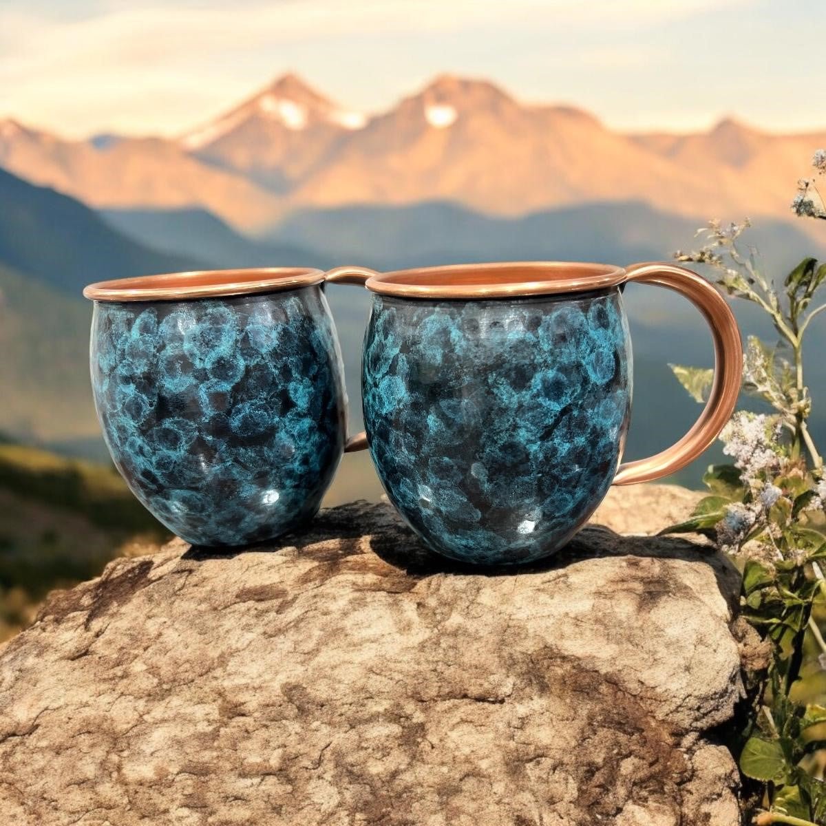 Set of Two Copper Barrel Mugs, Hammered and Stained Blue Patina - Marsh and Manor Collective