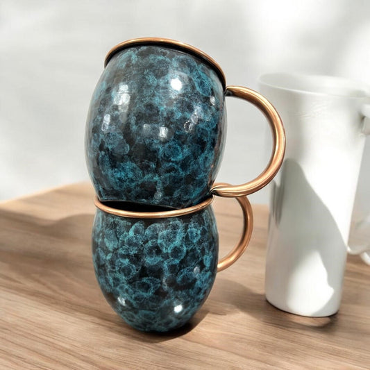 Set of Two Copper Barrel Mugs, Hammered and Stained Blue Patina - Marsh and Manor Collective