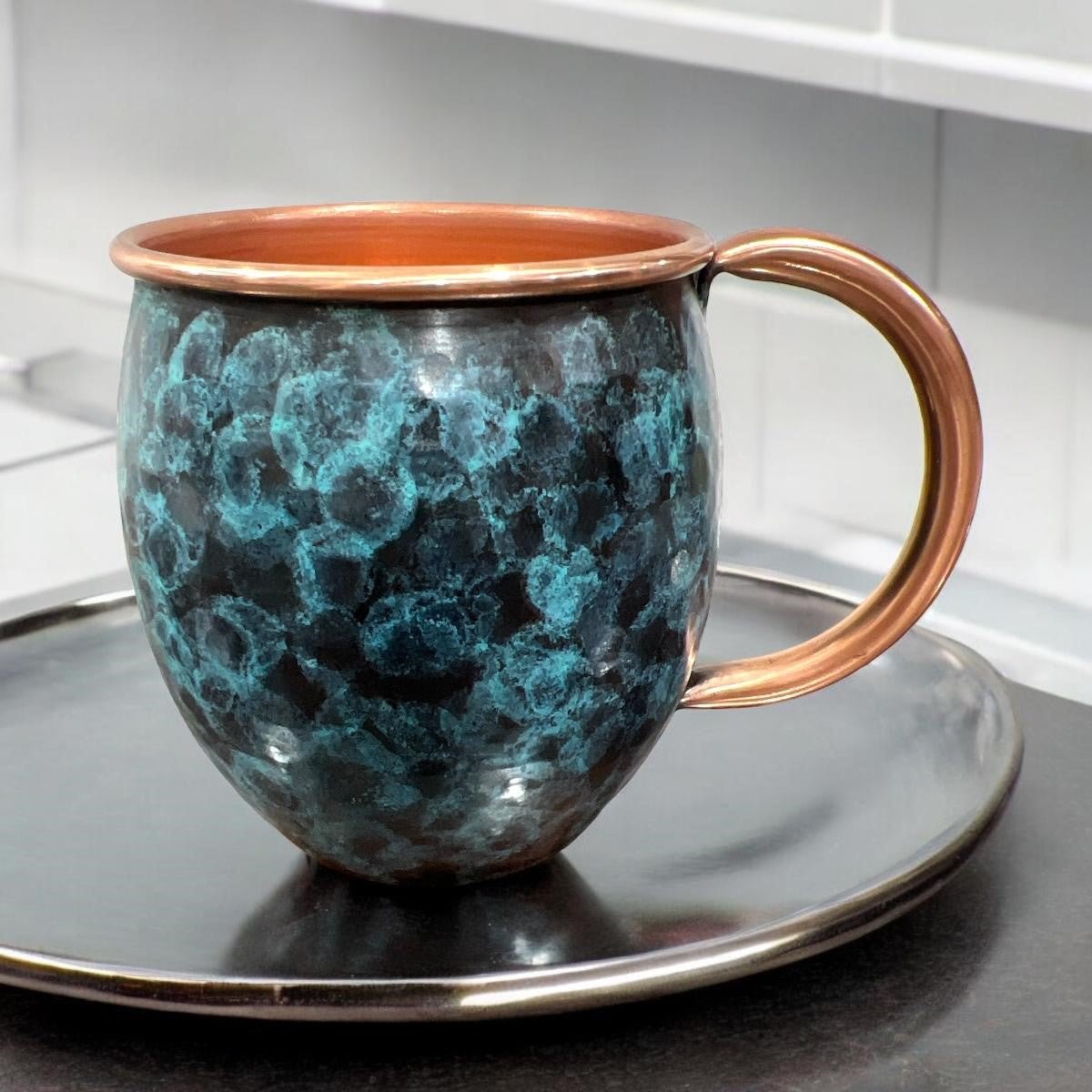 Set of Two Copper Barrel Mugs, Hammered and Stained Blue Patina - Marsh and Manor Collective